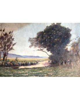 Le village de 58 brocanteurs - Immense huile sur toile ancienne représentant un paysage champêtre animé avec rivière