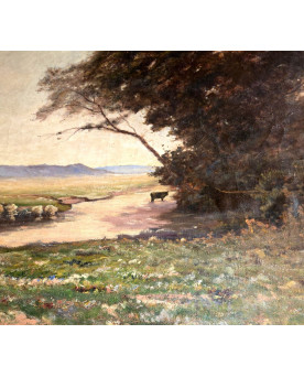 Le village de 58 brocanteurs - Immense huile sur toile ancienne représentant un paysage champêtre animé avec rivière