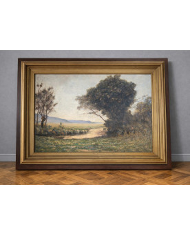 Le village de 58 brocanteurs - Immense huile sur toile ancienne représentant un paysage champêtre animé avec rivière