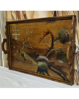 Le village de 58 brocanteurs - Ecole de Nancy : Ancien plateau Art Nouveau en bois peint main, décor chardon