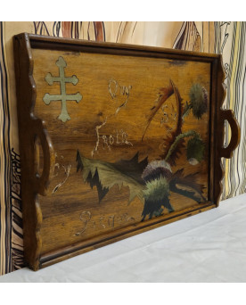 Le village de 58 brocanteurs - Ecole de Nancy : Ancien plateau Art Nouveau en bois peint main, décor chardon