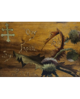 Le village de 58 brocanteurs - Ecole de Nancy : Ancien plateau Art Nouveau en bois peint main, décor chardon