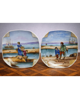 Le village de 58 brocanteurs - Paire d’assiettes en porcelaine de Limoges décor bord de mer, peinte main