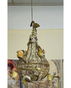 Le village de 58 brocanteurs - Suspension cage aux oiseaux en métal doré – travail décoratif XXe siècle