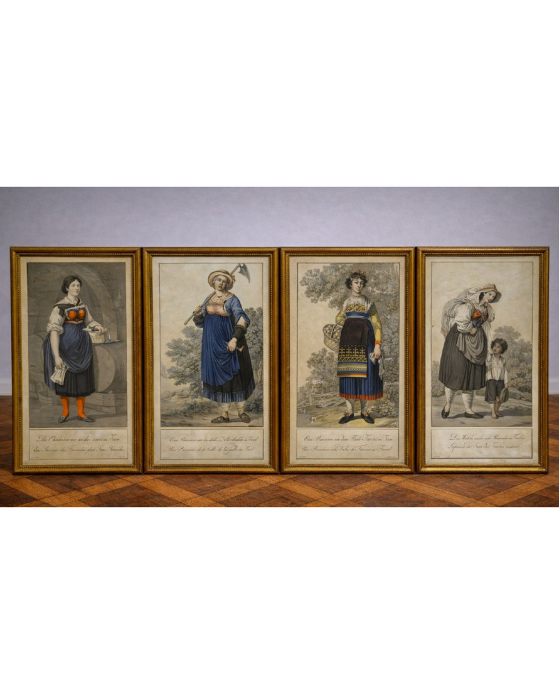 Le village de 58 brocanteurs - Suite de 4 gravures anciennes encadrées costumes du Tyrol XIXe — cadres dorés / B