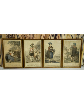 Le village de 58 brocanteurs - Suite de 4 gravures anciennes encadrées costumes du Tyrol — XIXe — cadres dorés / A