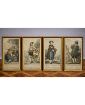 Le village de 58 brocanteurs - Suite de 4 gravures anciennes encadrées costumes du Tyrol — XIXe — cadres dorés / A