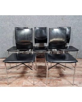 Le village de 58 brocanteurs - Suite de 5 chaises de salle à manger design Ross Littell pour Matteo Grassi – cuir noir