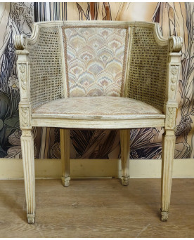 Le village de 58 brocanteurs - Fauteuil de bureau de style Louis XVI en bois laqué, cannage et tissu époque fin XIXeme