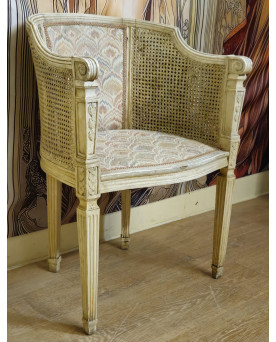 Le village de 58 brocanteurs - Fauteuil de bureau de style Louis XVI en bois laqué, cannage et tissu époque fin XIXeme
