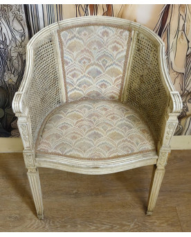 Le village de 58 brocanteurs - Fauteuil de bureau de style Louis XVI en bois laqué, cannage et tissu époque fin XIXeme