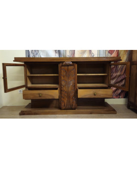 Le village de 58 brocanteurs - Enfilade / meuble vitrine rare époque Art Déco en noyer sculpté