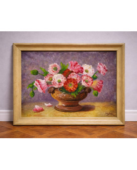 Le village de 58 brocanteurs - Huile sur toile signée G.C. Boizot – nature morte aux fleurs – style impressionniste