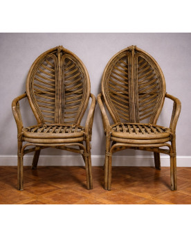 Le village de 58 brocanteurs - Paire d'importants fauteuils vintage en rotin à motif de feuilles tropicales rotin / osier