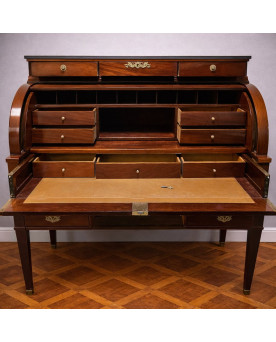 Le village de 58 brocanteurs - Important bureau Secrétaire à cylindre Style Louis XVI en acajou a systéme de double ecritoire