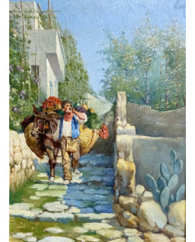 Le village de 58 brocanteurs - A. Di Carlo – Scène animée méditerranéenne – Huile sur panneau