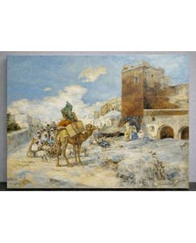 Le village de 58 brocanteurs - A. Guevenne – Scène orientaliste animée au chameau – Huile sur toile - milieu XXeme