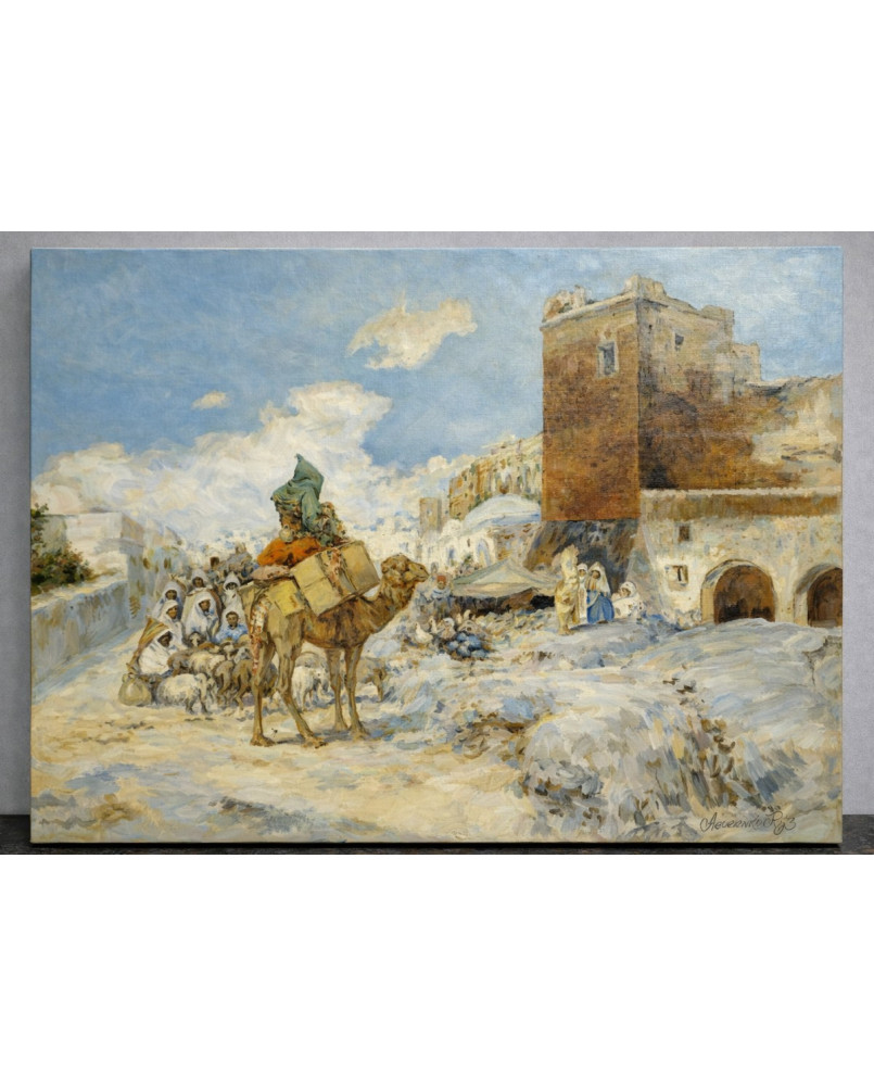 Le village de 58 brocanteurs - A. Guevenne – Scène orientaliste animée au chameau – Huile sur toile - milieu XXeme