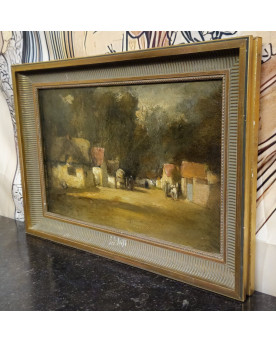 Le village de 58 brocanteurs - École française – Village animé au crépuscule – Huile sur panneau