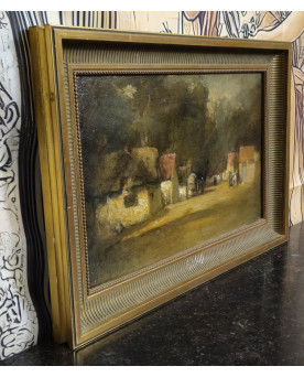 Le village de 58 brocanteurs - École française – Village animé au crépuscule – Huile sur panneau