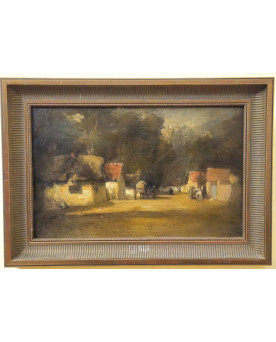 Le village de 58 brocanteurs - École française – Village animé au crépuscule – Huile sur panneau