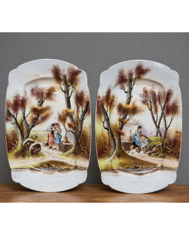 Le village de 58 brocanteurs - Paire de plats en porcelaine – Décor romantique, D&C France, fin XIXe siècle