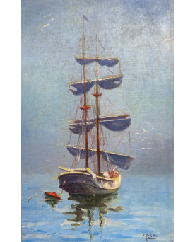 Le village de 58 brocanteurs - Reber – Marine au voilier – Huile sur toile