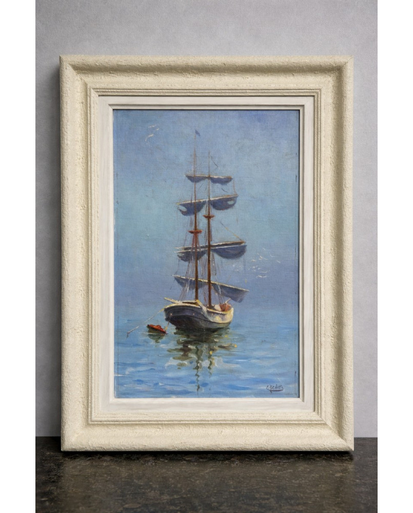 Le village de 58 brocanteurs - Reber – Marine au voilier – Huile sur toile
