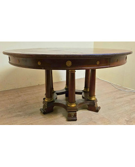 Le village de 58 brocanteurs - Grande table ronde à allonges – piètement à colonnes – époque Empire / acajou