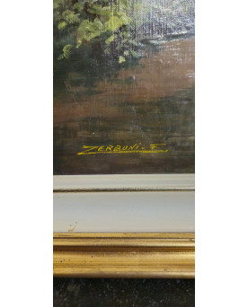 Le village de 58 brocanteurs - F Zerboni – Paysage d’Auvergne – Pont en pierre – Huile sur toile