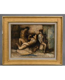 Le village de 58 brocanteurs - Huile sur toile – scène de nus féminins à la guitare – 70 x 82 cm