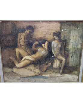 Le village de 58 brocanteurs - Huile sur toile – scène de nus féminins à la guitare – 70 x 82 cm