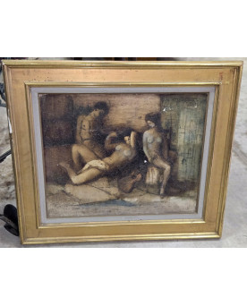 Le village de 58 brocanteurs - Huile sur toile – scène de nus féminins à la guitare – 70 x 82 cm