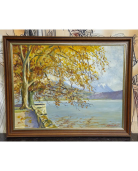 Le village de 58 brocanteurs - F. Zerboni – Paysage lacustre animé – Huile sur panneau - milieu XXeme