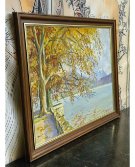 Le village de 58 brocanteurs - F. Zerboni – Paysage lacustre animé – Huile sur panneau - milieu XXeme