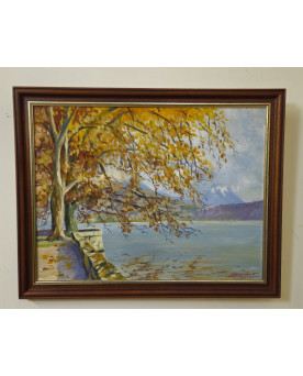 Le village de 58 brocanteurs - F. Zerboni – Paysage lacustre animé – Huile sur panneau - milieu XXeme