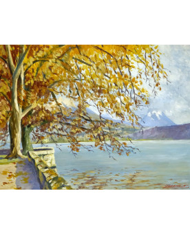 Le village de 58 brocanteurs - F. Zerboni – Paysage lacustre animé – Huile sur panneau - milieu XXeme