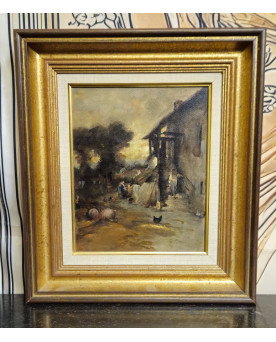 Le village de 58 brocanteurs - École française – Scène de ferme animée – Huile sur panneau