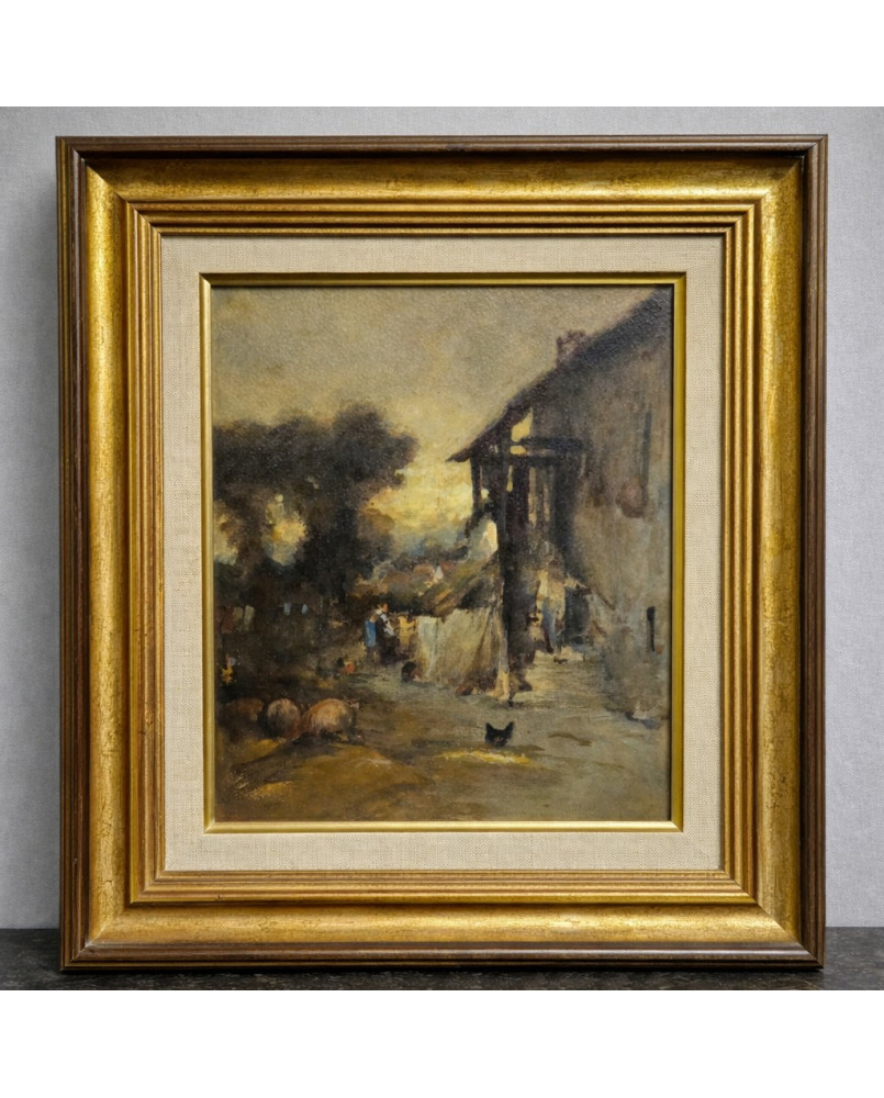 Le village de 58 brocanteurs - École française – Scène de ferme animée – Huile sur panneau