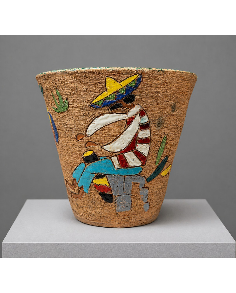 Le village de 58 brocanteurs - Cache-pot en céramique émaillée à décor mexicain – Art Déco -
