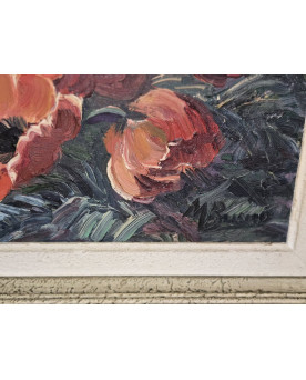 Le village de 58 brocanteurs - Huile sur toile – Bouquet de coquelicots – signée (à déchiffrer)