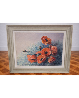 Le village de 58 brocanteurs - Huile sur toile – Bouquet de coquelicots – signée (à déchiffrer)