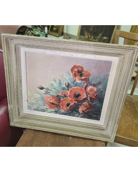 Le village de 58 brocanteurs - Huile sur toile – Bouquet de coquelicots – signée (à déchiffrer)