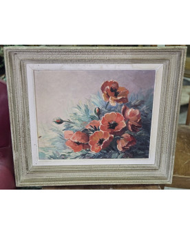 Le village de 58 brocanteurs - Huile sur toile – Bouquet de coquelicots – signée (à déchiffrer)