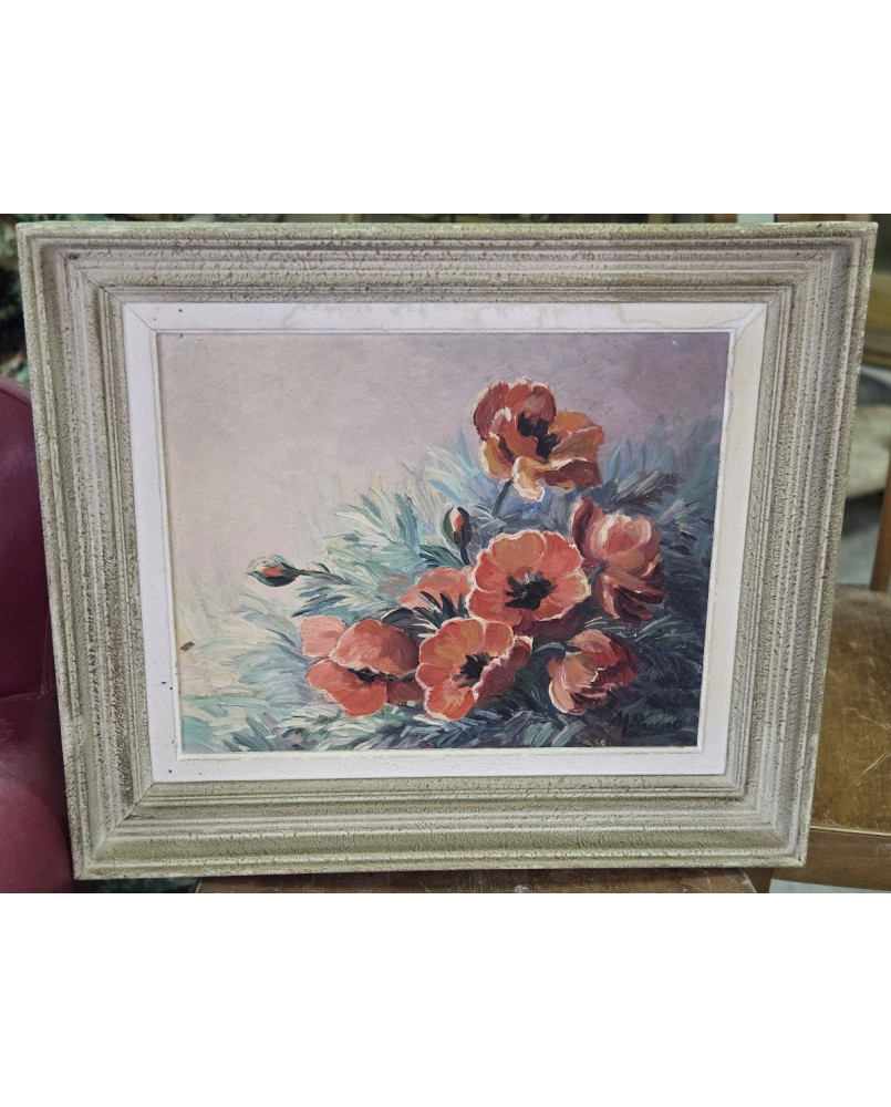Le village de 58 brocanteurs - Huile sur toile – Bouquet de coquelicots – signée (à déchiffrer)