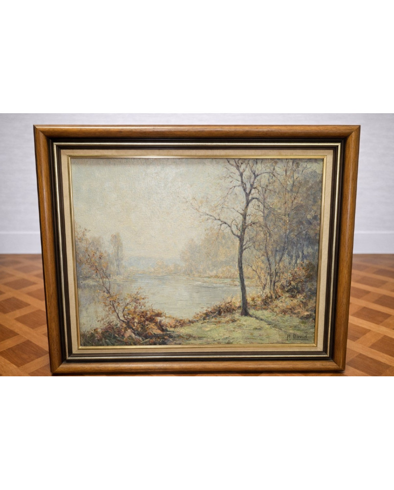 Le village de 58 brocanteurs - Huile sur toile – Paysage au bord de l’eau – signée H. David