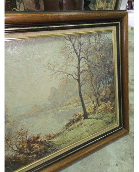 Le village de 58 brocanteurs - Huile sur toile – Paysage au bord de l’eau – signée H. David