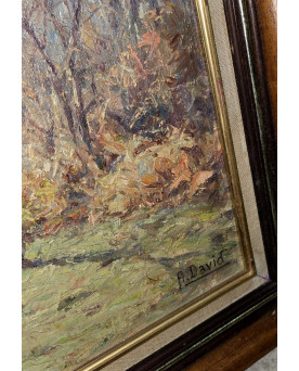 Le village de 58 brocanteurs - Huile sur toile – Paysage au bord de l’eau – signée H. David