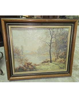 Le village de 58 brocanteurs - Huile sur toile – Paysage au bord de l’eau – signée H. David