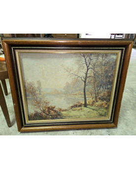 Le village de 58 brocanteurs - Huile sur toile – Paysage au bord de l’eau – signée H. David